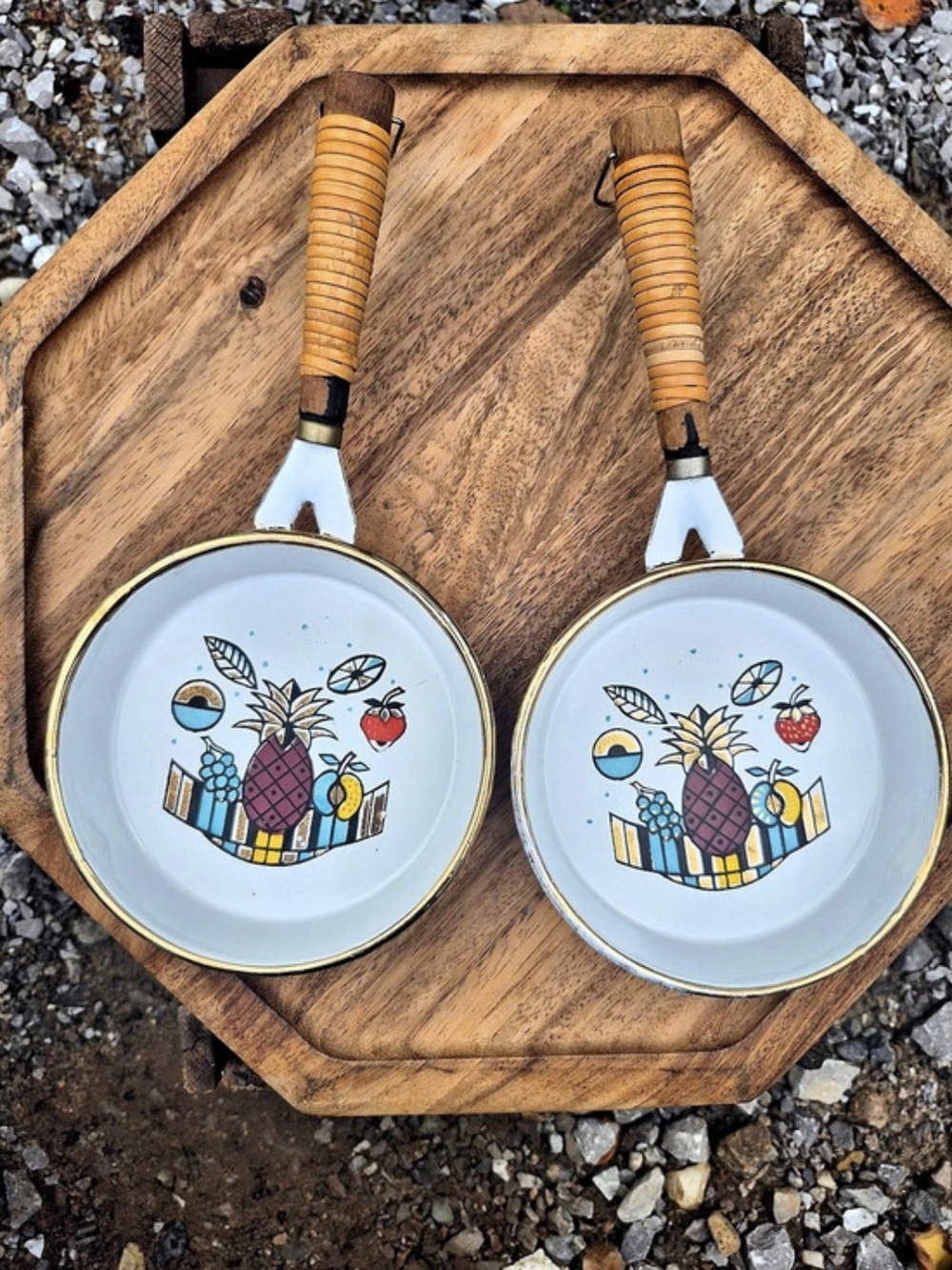 Vintage Georges Briard Ambrosia Enamel Wall Decor Frying Pans - Set of 2